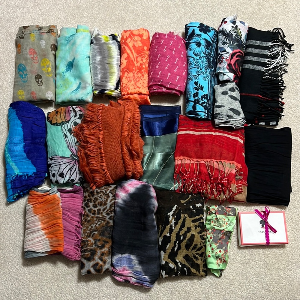Lot of 20 Scarves - various colors, fabrics, textures, sizes, styles and prints